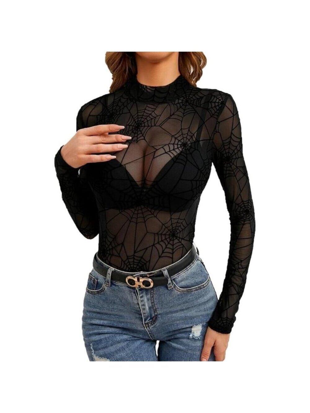 Women Pat4 Long Sleeve Mock Neck Fitted Sexy See Through Mesh Going Out Tops